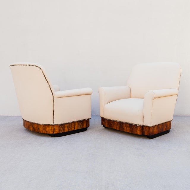 Vintage Italian Art Deco Club Chairs in Walnut Burl and Edelman Leather For Sale - Image 11 of 12