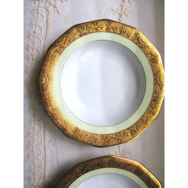 This is a Gorgeous Antique Set of 6 Schlaggenwald H&C Czech Heavy Gold & Yellow Porcelain Soup Bowls that has a Large...