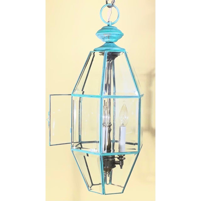 Green Vintage Hexagonal Solid Brass Hanging Lantern / Foyer Pendant Light 24”h X 10” W For Sale - Image 8 of 18