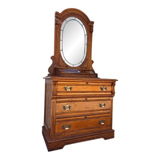 1980s Dixie Furniture Recollections Rustic Country French Solid Oak Chest With Oval Table Mirror For Sale