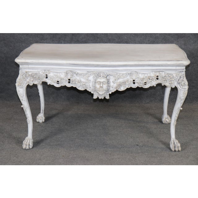 Distressed Painted White Georgian Style Figural Masque Center Table C. 1940s Era For Sale - Image 4 of 12
