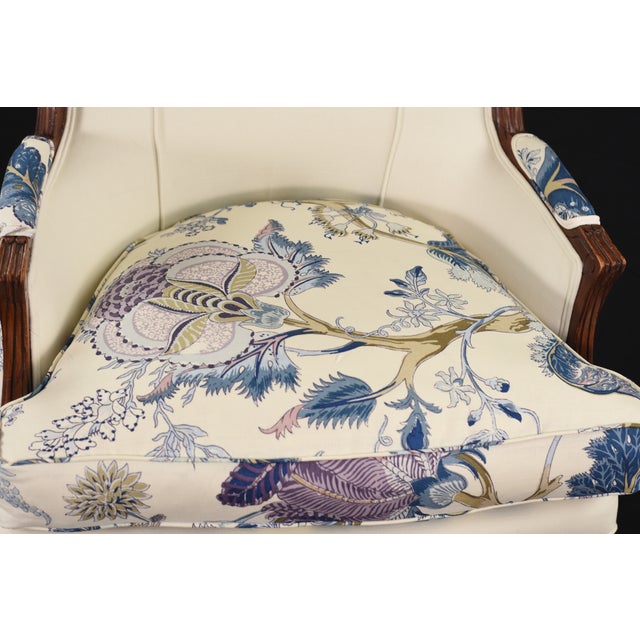 Schumacher Linen Accent Chair on Restored Vintage Ethan Allen Camille Bergere With Linen For Sale In Washington DC - Image 6 of 18