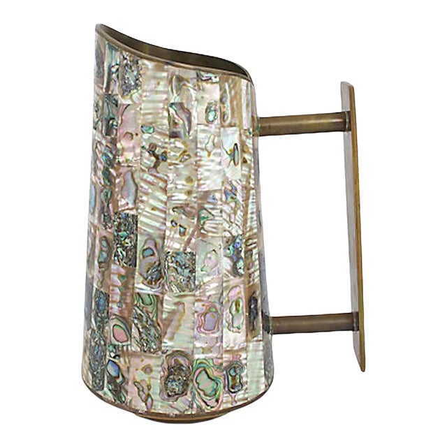 Mid-Century Inlaid Abalone Brass Pitcher For Sale