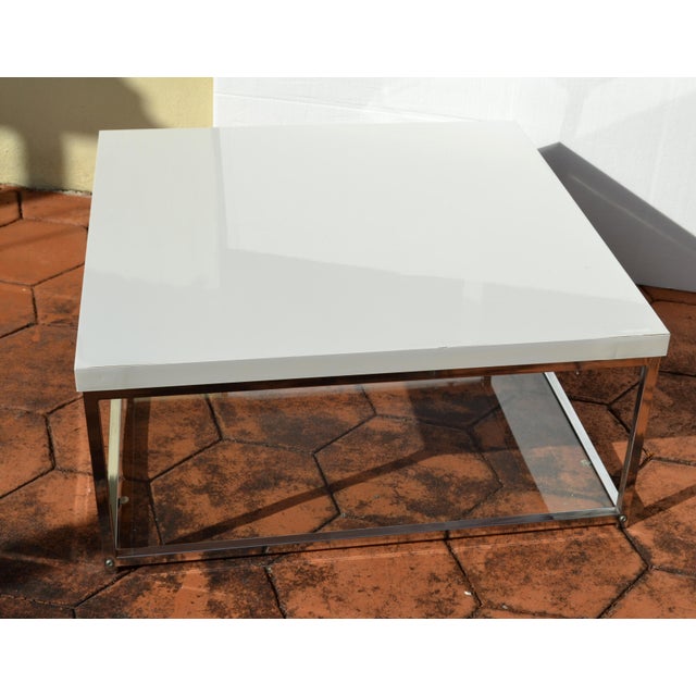 Modern White Glossy Top Chrome Coffee Table With Tempered Glass Bottom Shelf For Sale In Miami - Image 6 of 18