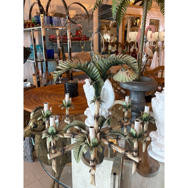 Vintage Tole Metal Palm Beach Tree Leaf Leaves 8 Light Chandelier For Sale - Image 4 of 17