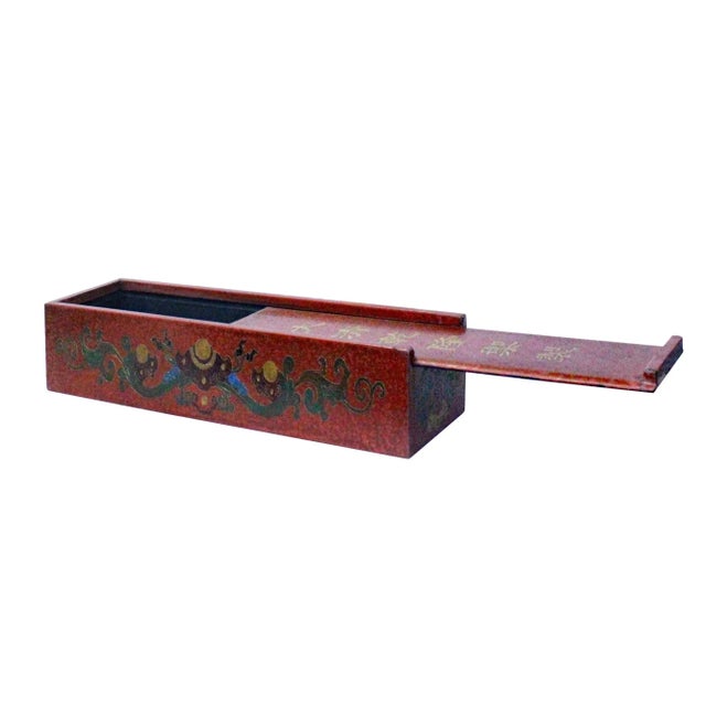 Chinoiserie Chinese Distressed Red Lacquer Chinoiserie Long Rectangular Treasure Box For Sale - Image 3 of 6