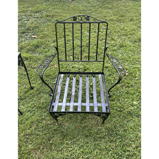 Mid-Century Modern Vintage MCM Wrought Iron Conversation Set Bench, 2 Oversized Chairs, 2 Tables For Sale - Image 3 of 8