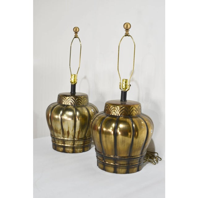 Mid-Century Modern Mid Century Gold Ceramic Large Vase Lamps - a Pair For Sale - Image 3 of 11