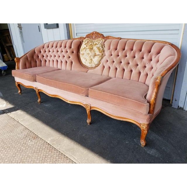 Vintage French Provincial Pink Velvet Couch Hollywood Regency Rose