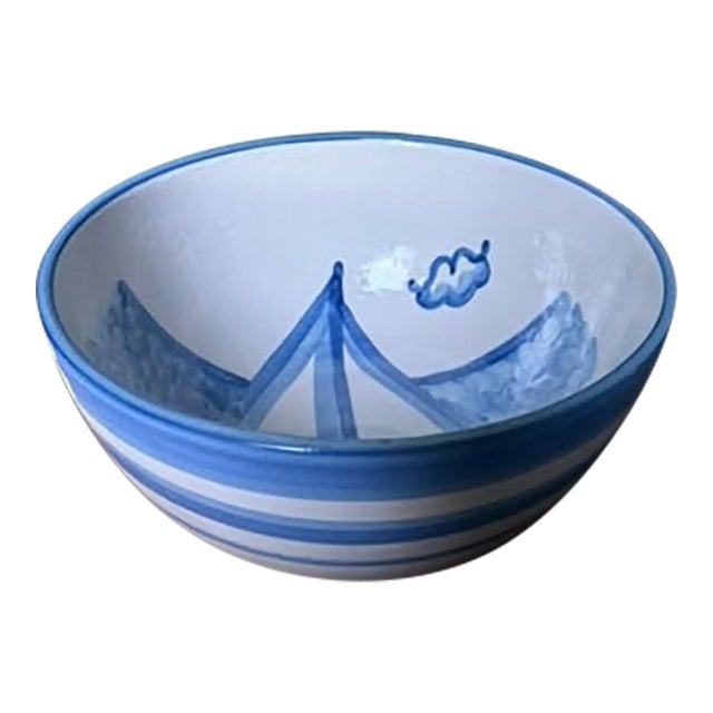 Late 20th Century Signed Authentic Mary Hadley Blue and White Sailboat Bowl For Sale