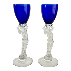 Cambridge Statuesque Nude Stem Cordial Glasses Brandy Port Wine Cobalt Blue Bowl