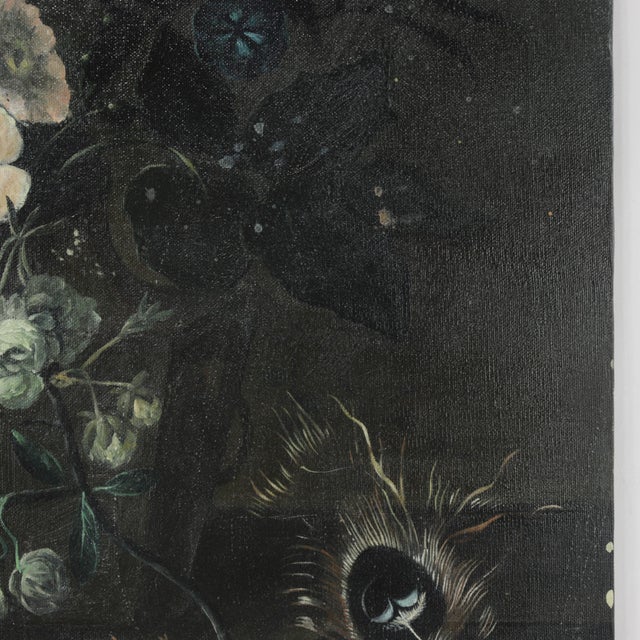 Black Vintage Dark Floral Still Life Oil Painting on Canvas With Peacock Feather For Sale - Image 8 of 10
