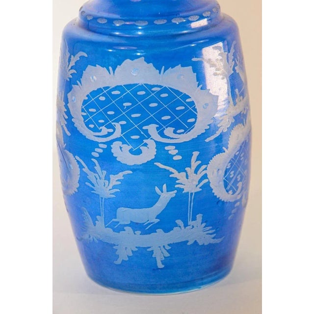 Antique Bohemian Blue Engraved Glass Bottle Covered Decanter For Sale - Image 11 of 13