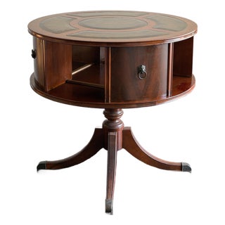 Vintage Mahogany Revolving Drum Library Table With Leather Top Duncan Phyfe Style Rotating Bookcase End Table For Sale