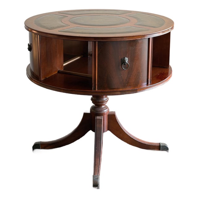 Vintage Mahogany Revolving Drum Library Table With Leather Top Duncan Phyfe Style Rotating Bookcase End Table For Sale