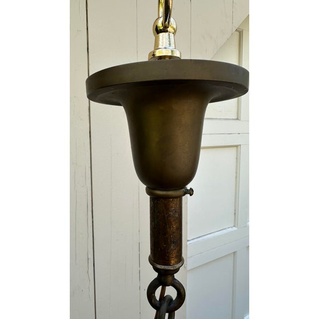 1930s Petite Vintage Brass Four Light Hanging Fixture For Sale - Image 5 of 5
