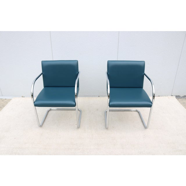 Metal Ludwig Mies Van Der Rohe Brno Tubular Chairs in Blue Leather by Gordon - A Pair For Sale - Image 7 of 18