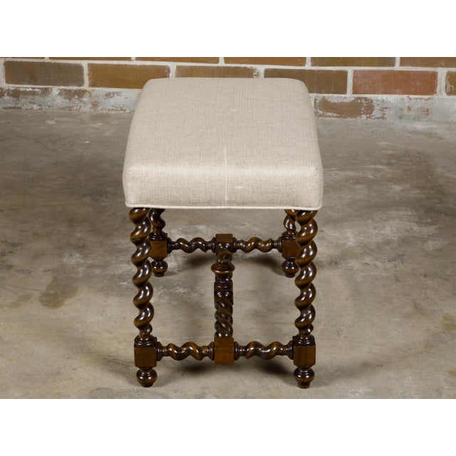 Barley Twist English 19th Oak Stool with Cross Stretcher and Custom Upholstery For Sale - Image 11 of 11