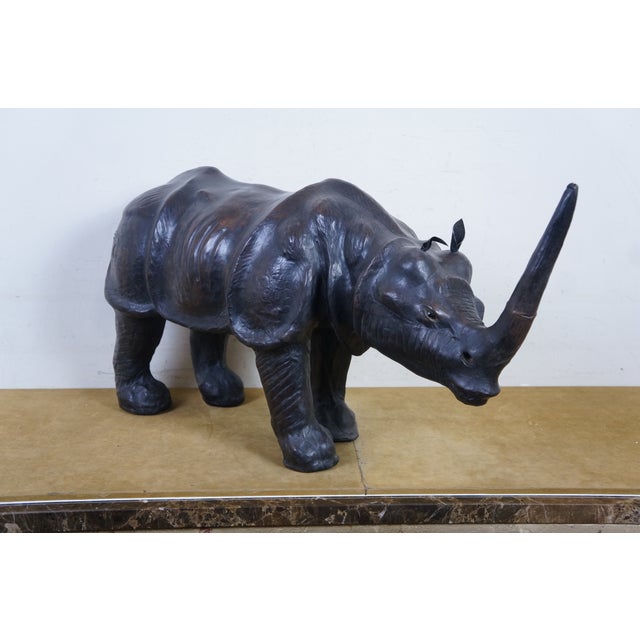 Realism Vintage Tooled Leather African Rhinoceros Foot Stool Ottoman Sculpture 35" For Sale - Image 3 of 18