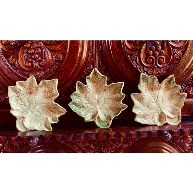 Vintage 'Faiancas Neto & Gomes' hand painted Majolica leaf canapé plate trio. Made in Portugal and painted in subtle...