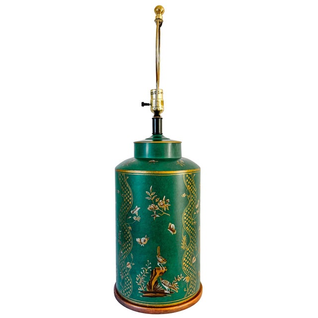 1970s Large Frederick Cooper Emerald Green Hand-Painted Green Tole Chinoiserie Table Lamps - A Pair For Sale - Image 15 of 17