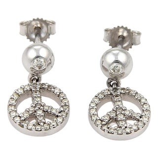 Mid 20th Century Pair of Diamond Peace Sign Dangle 14k White Gold Earrings For Sale