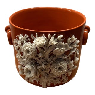 Large Vintage Porcelain Cachepot With Molded Flowers For Sale