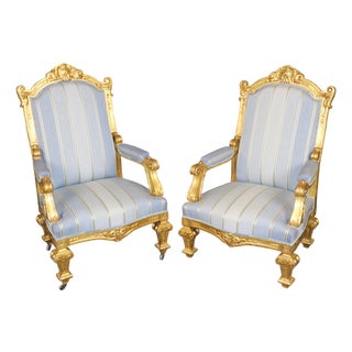 19th C. Pair French Napoleonic Style Armchairs, Giltwood & Blue Upholstery For Sale