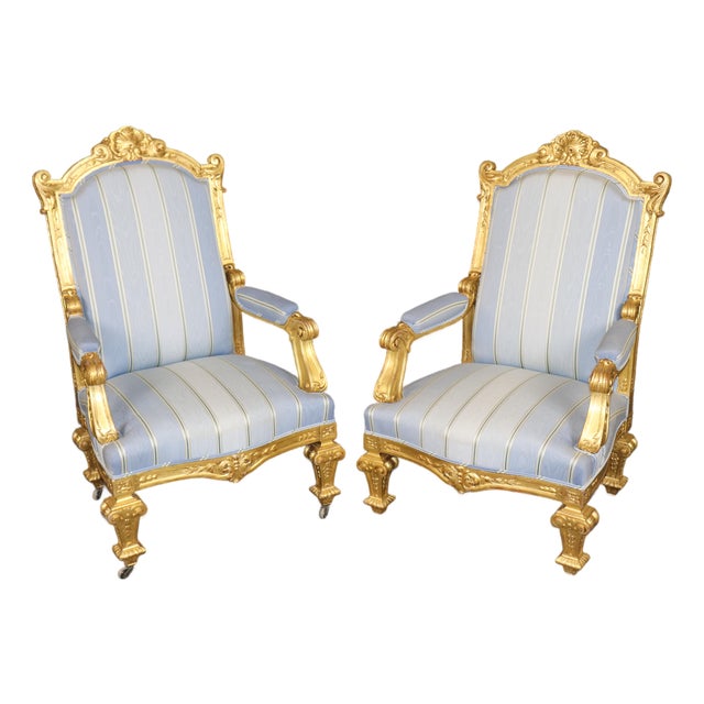 19th C. Pair French Napoleonic Style Armchairs, Giltwood & Blue Upholstery For Sale