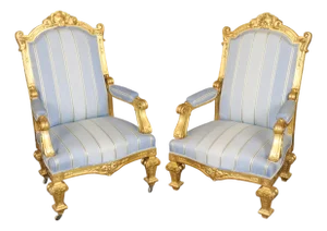 19th C. Pair French Napoleonic Style Armchairs, Giltwood & Blue Upholstery