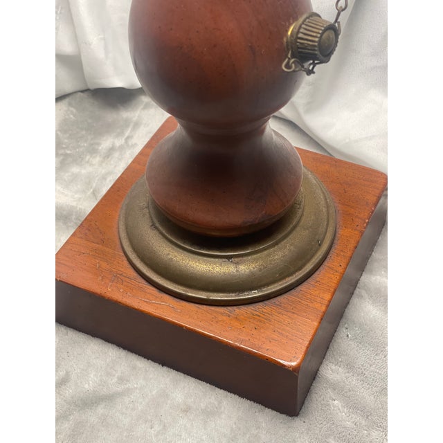 1970s Vintage Quoizel 3-Way Hurricane Lamp Brass W/ Wood Base & Milk Glass Shade For Sale - Image 5 of 11