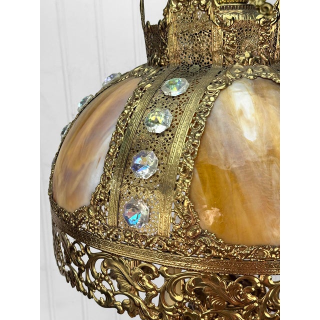 1970s Vintage 40" Hollywood Regency Gold Slag Glass Jeweled Crown Table Lamp For Sale - Image 5 of 13