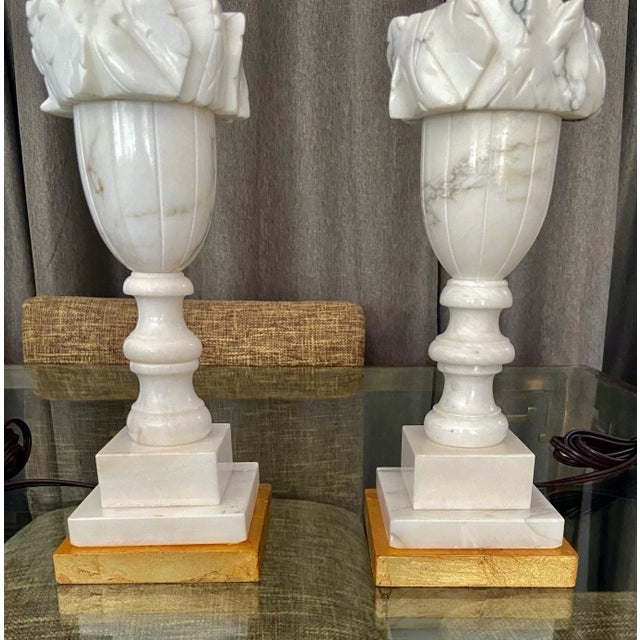 Pair of Italian Urn Neoclassic Alabaster Table Lamps For Sale - Image 9 of 13
