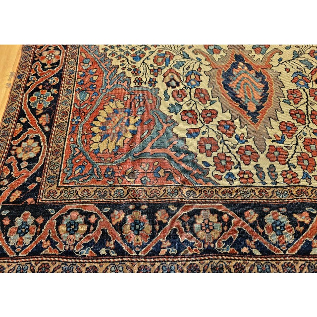 19th Century Persian Farahan Sarouk Area Rug, Hand-Knotted Wool, Floral Medallion Pattern, Ivory & Blue, 4x7 For Sale - Image 10 of 14