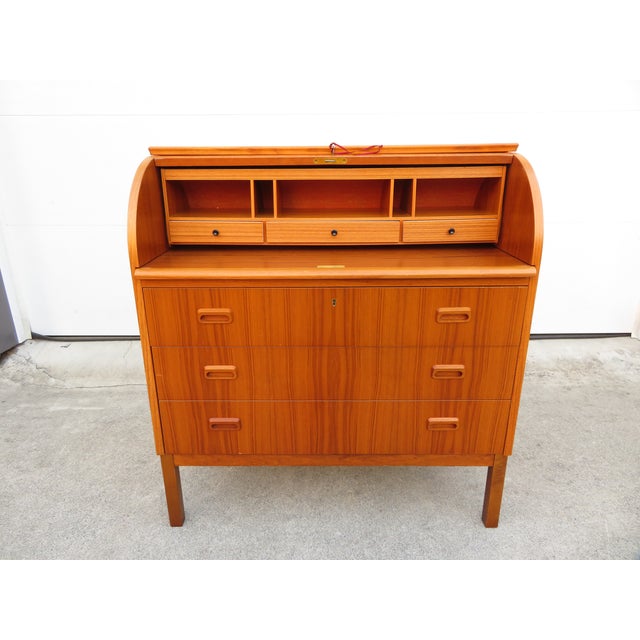 Mid Century Swedish Teak Roll Top Secretary Desk by Egon Ostergaard ~ Scandinavian or Danish Modern Style ~ Vintage Dresser For Sale - Image 9 of 18