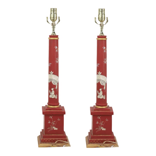 Pair of Retro Obelisk Wooden Hand Painted Chnoiseries Column Table Lamp For Sale