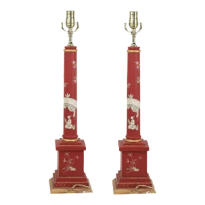 Pair of Retro Obelisk Wooden Hand Painted Chnoiseries Column Table Lamp