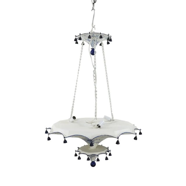 White Vintage Two Tiers Upside Down Umbrella Ceiling Chandelier With Bells, White/ Blue in Arabasic Design Style For Sale - Image 8 of 9