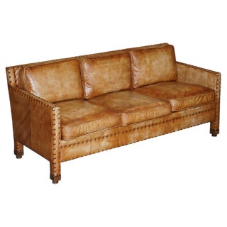 Edwardian Style Hand-Dyed Brown Leather Studded 3-Seat Sofa For Sale