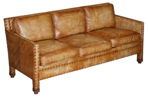 Edwardian Style Hand-Dyed Brown Leather Studded 3-Seat Sofa