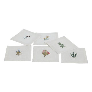 Floral Linen Cocktail Napkins - 6 Assorted Designs, Set of 6 For Sale
