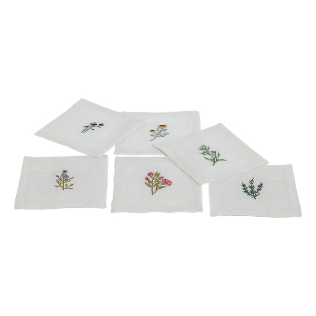 Floral Linen Cocktail Napkins - 6 Assorted Designs, Set of 6 For Sale