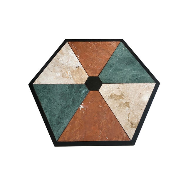 Mid-Century English Gothic Style Iron Side Table With Hexagonal Marble Inlay Top For Sale - Image 4 of 12