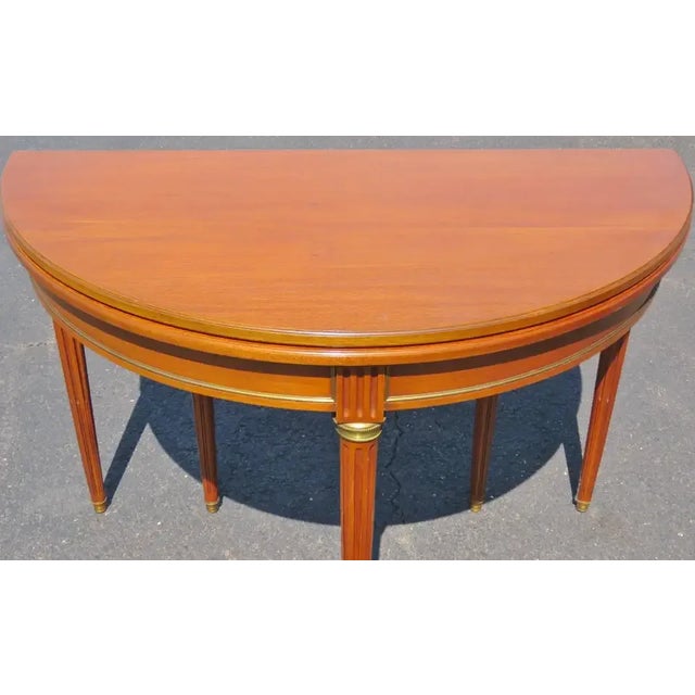 French French Directoire Style Brass Ormolu Mounted Walnut Demilune Console Sofa Table For Sale - Image 3 of 5