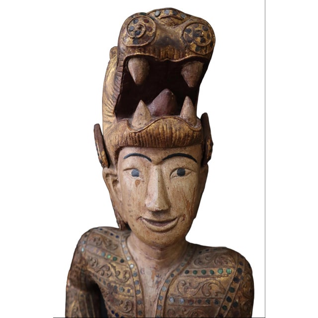 Gold Hand Carved Burmese Court Performer or Nat Statue For Sale - Image 8 of 11