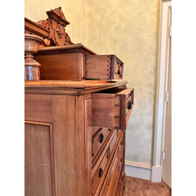 Antique American Burl Walnut Lock Side Eastlake Highboy Chest of Drawers 1870 For Sale - Image 4 of 9