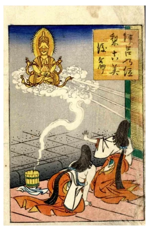 Utagawa School Artist, Kannon Appears as a Goddess, Original Woodcut Print, 19th Century