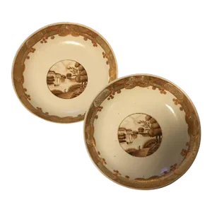 Antique Early 19th Century Chinese Export Porcelain Plates Decorated with Sepia Landscape & Border - A Pair
