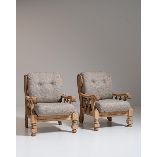 Pair of 1970s French Tan Brutalist Oak Upholstered Armchairs For Sale - Image 13 of 15