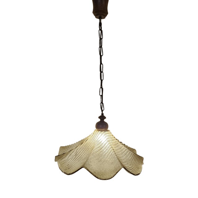 Vintage Ceiling Lamp with Relief Glass Shade on Oak Wood Mount and Brass Chain, 1970s For Sale